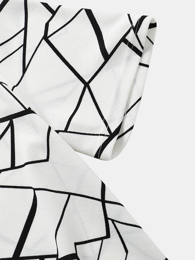 Mens All Over Geometric Lines Print White Crew Neck Short Sleeve T-Shirt