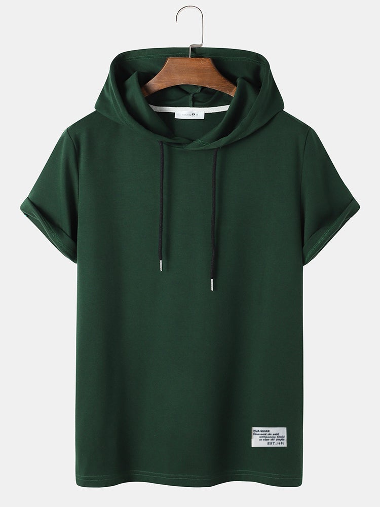 Mens Solid Color Casual Short Sleeve Drawstring Hooded T-Shirt
