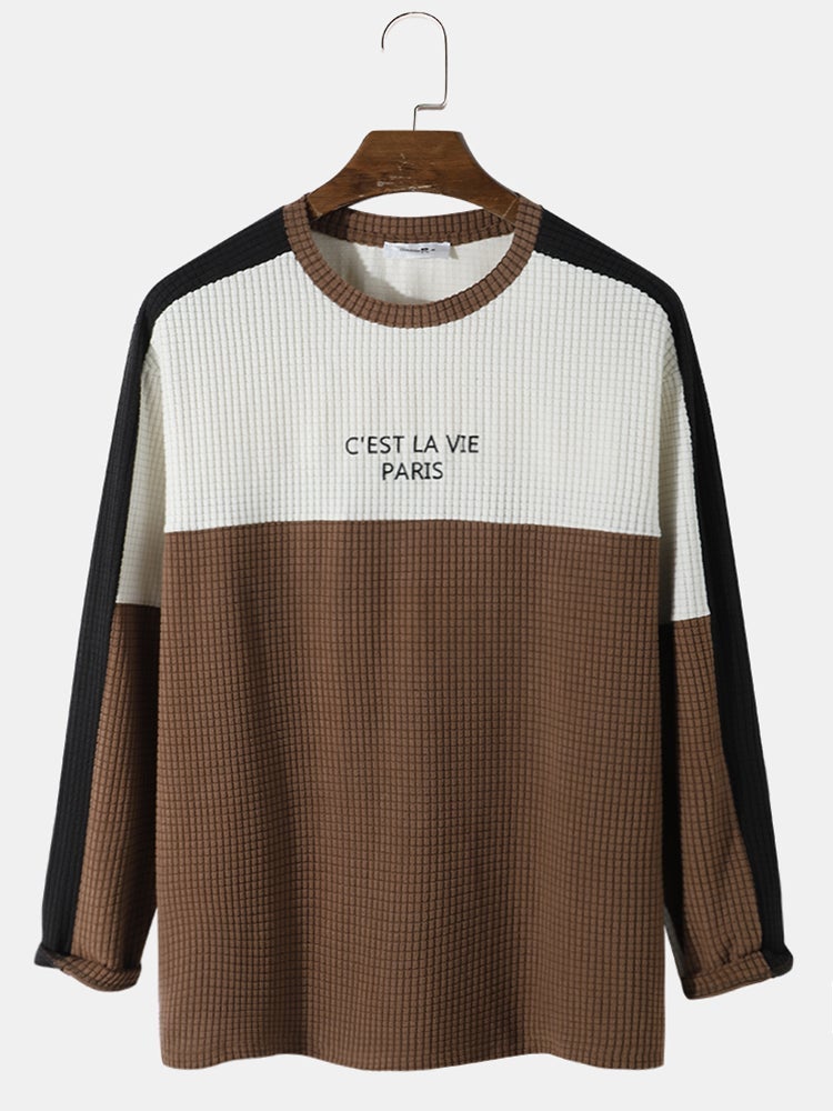Mens Letter Embroidered Patchwork Plaid Polar Fleece Overhead Long Sleeve T-Shirt