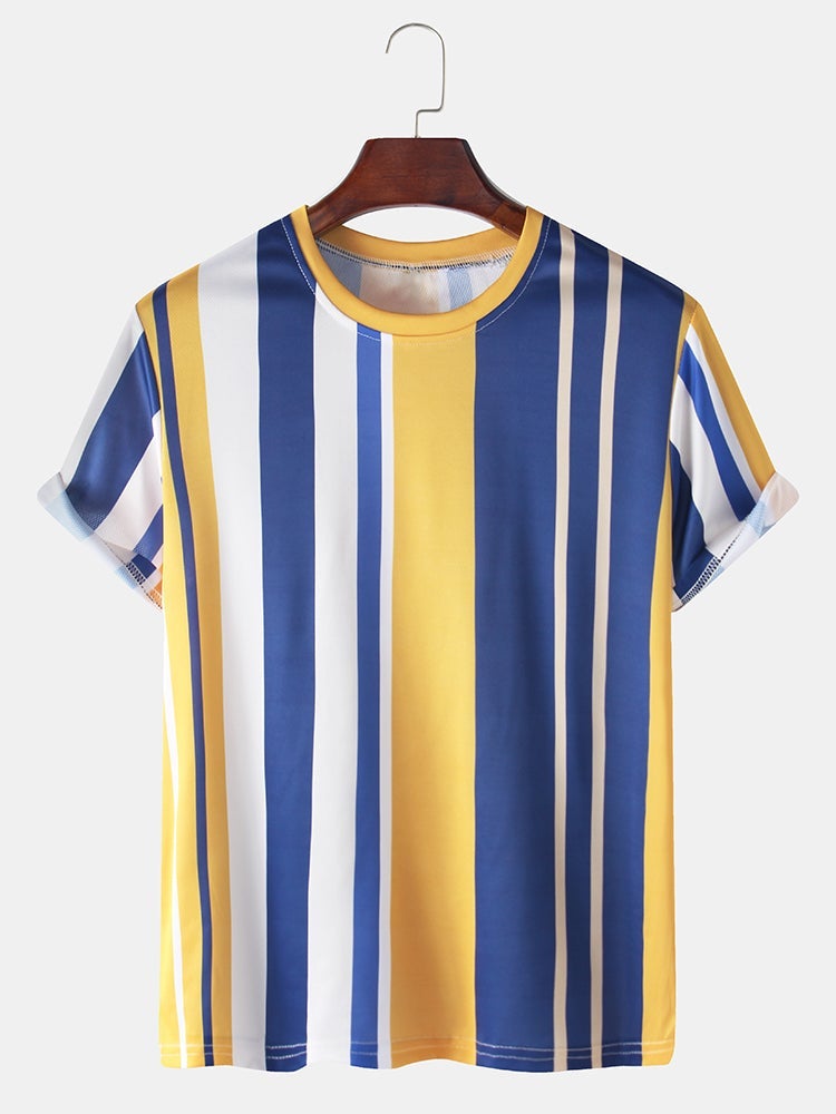 Mens Vertical Stripes Print Loose Casual Breathable Round Neck T-Shirts
