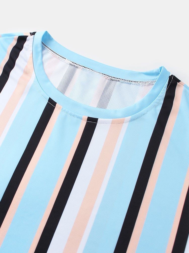 Mens Vertical Stripes Print Loose Casual Breathable Round Neck T-Shirts