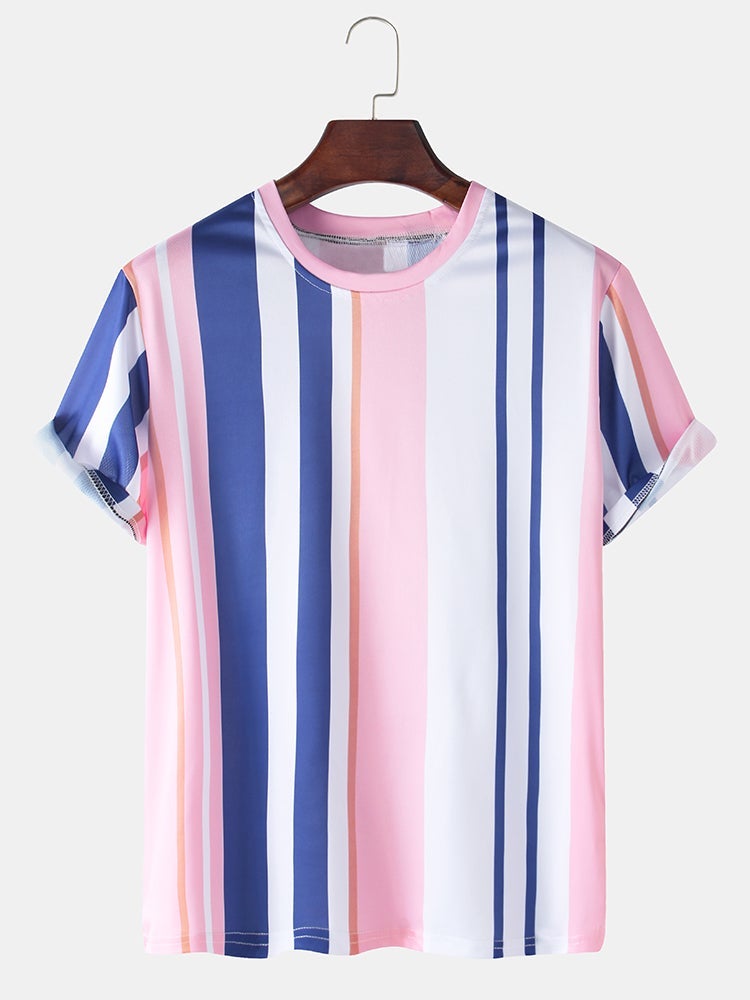Mens Vertical Stripes Print Loose Casual Breathable Round Neck T-Shirts