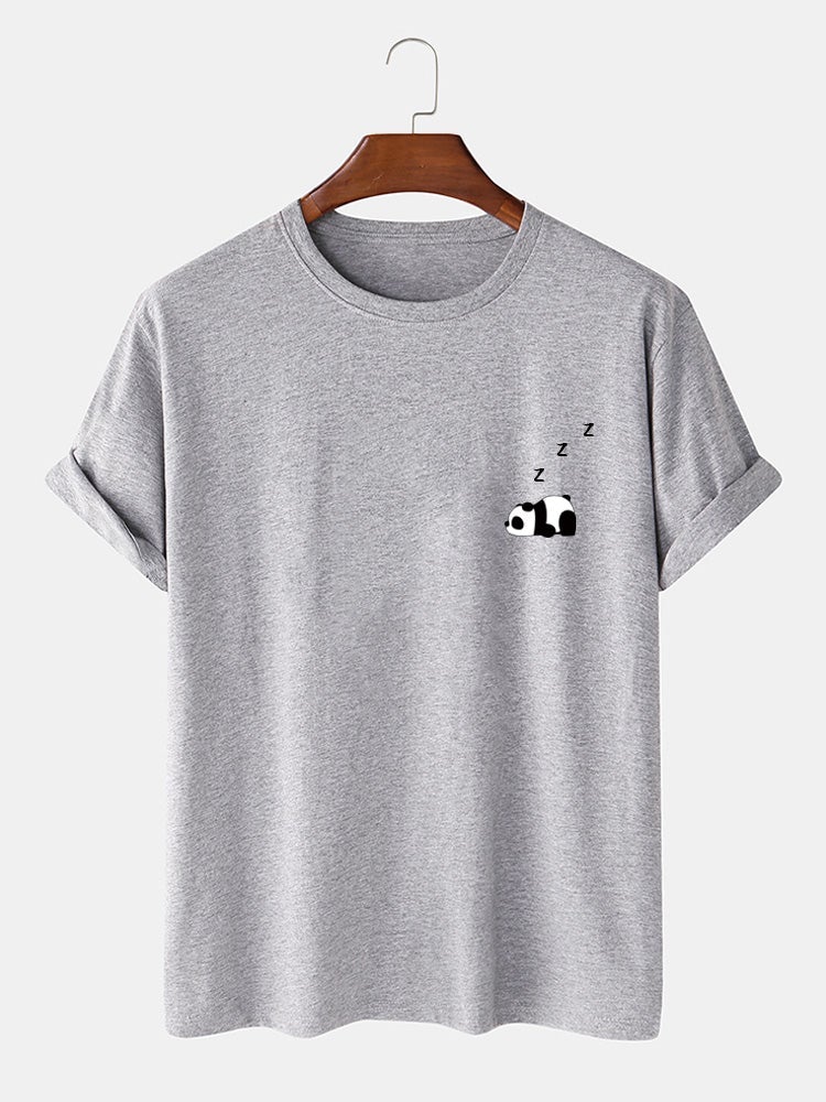 Mens 100% Cotton Solid Color Panda Print Thin Casual T-Shirt