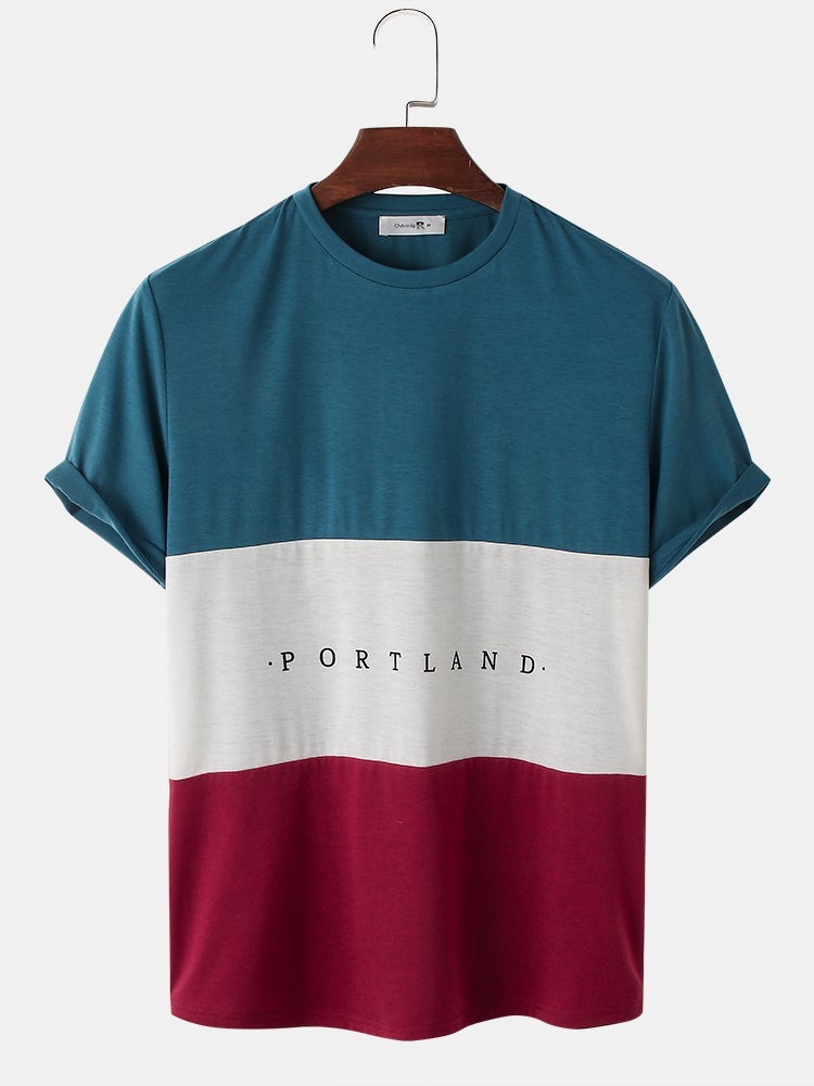 Mens Solid Color Patchwork Letter Print Crew Neck Short Sleeve Preppy T-Shirt SKUG91290