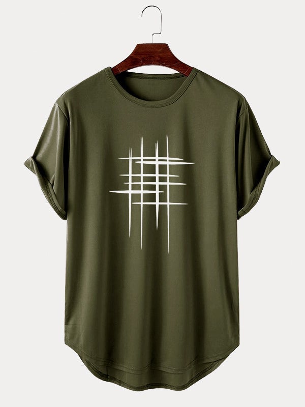 Mens Line Graphic High Low Curved Hem Sports Short Sleeve T-Shirts SKUH96070