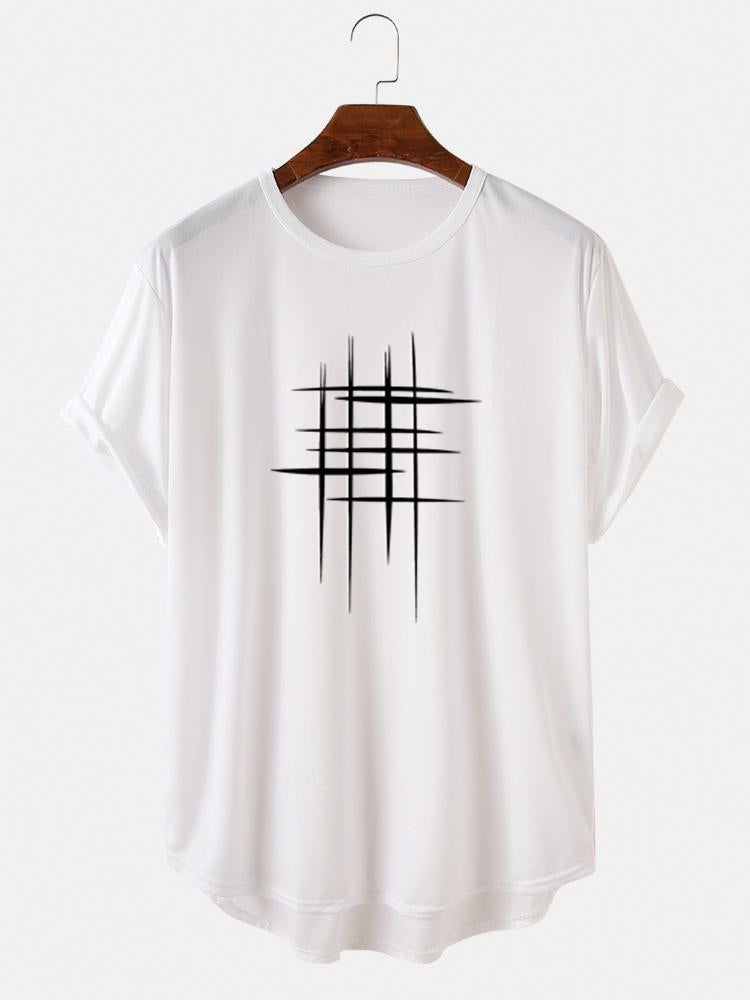 Mens Line Graphic High Low Curved Hem Sports Short Sleeve T-Shirts SKUH96070
