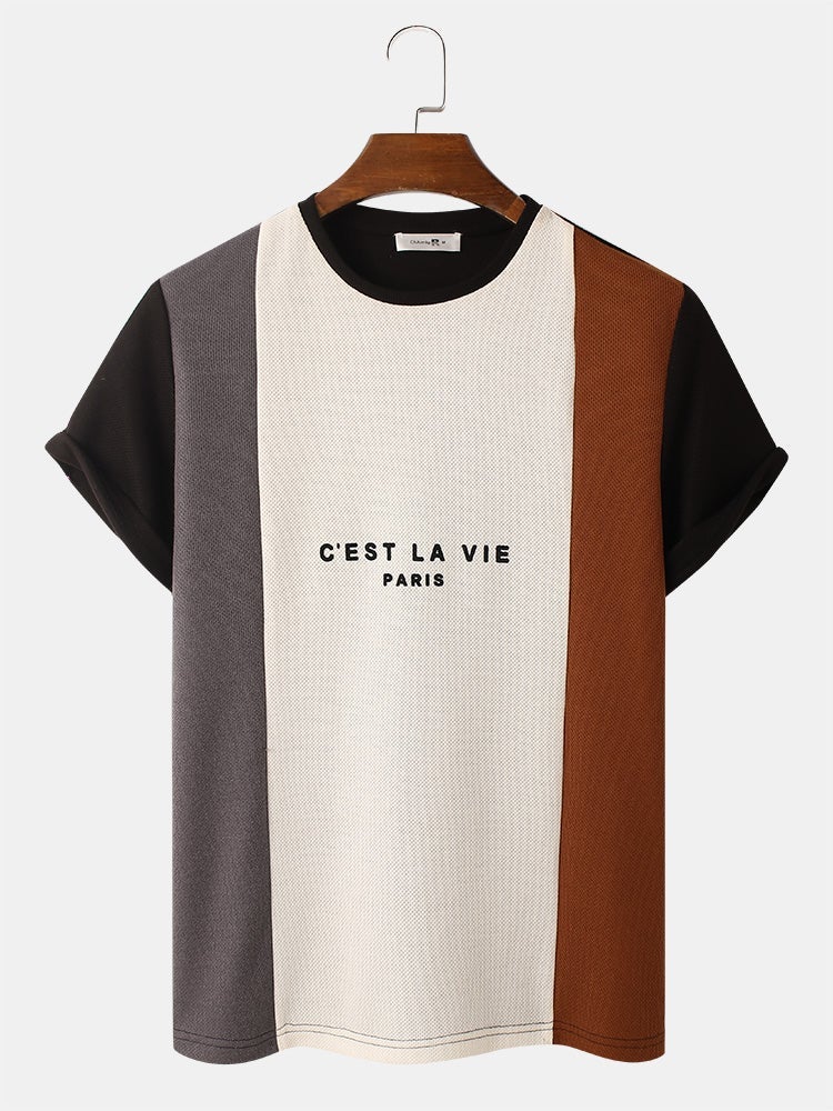 Mens Letter Pattern Knitted Patchwork Crew Neck Short Sleeve T-Shirt SKUH83541