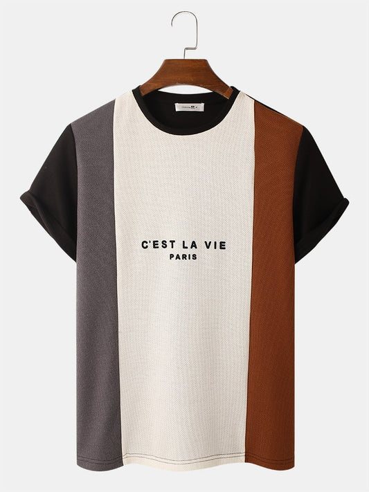 Mens Letter Pattern Knitted Patchwork Crew Neck Short Sleeve T-Shirt SKUH83541
