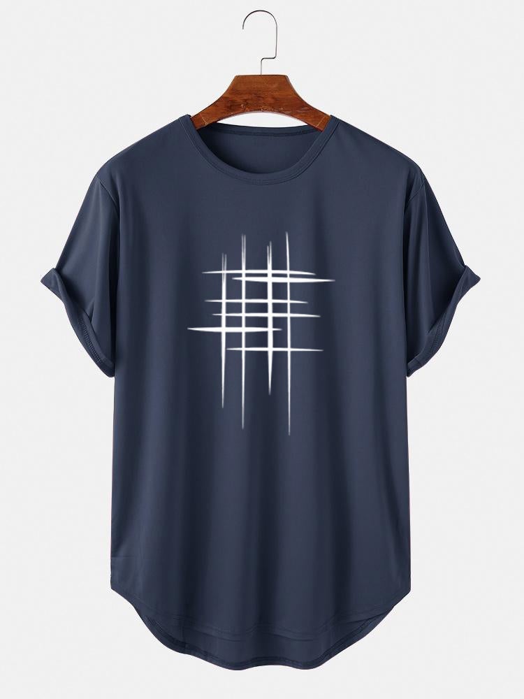 Mens Line Graphic High Low Curved Hem Sports Short Sleeve T-Shirts SKUH96070