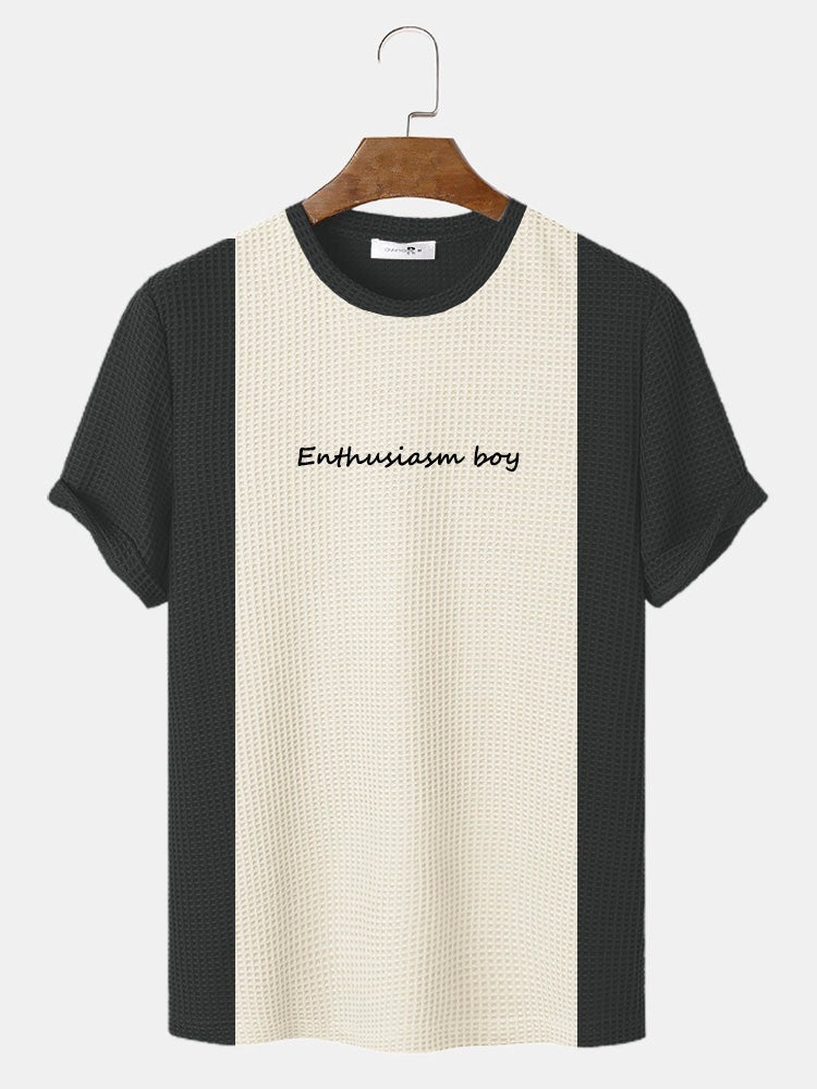 Mens Knitted Stitching Letter Embroidery Crew Neck Short Sleeve Crew Neck T-Shirt