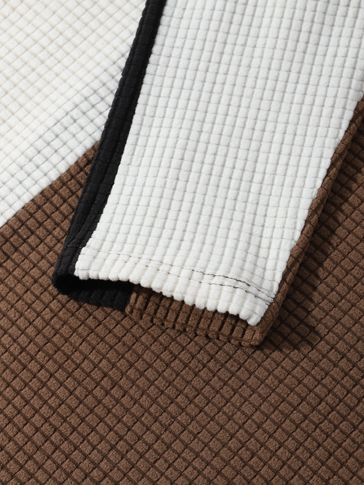 Mens Letter Embroidered Patchwork Plaid Polar Fleece Overhead Long Sleeve T-Shirt