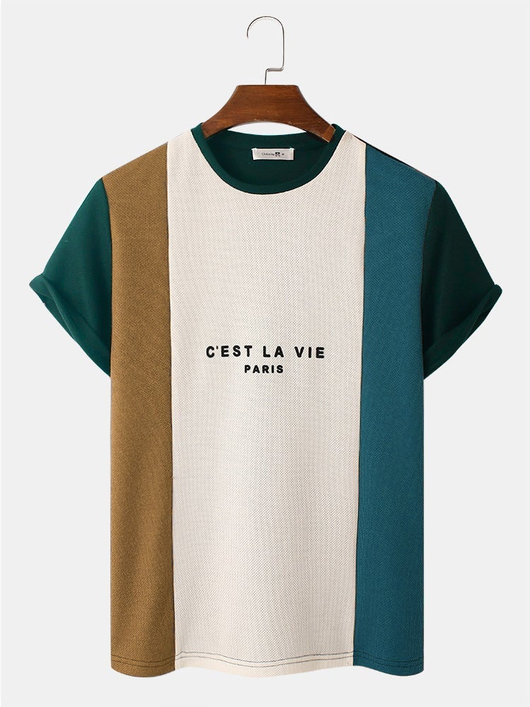 Mens Letter Pattern Knitted Patchwork Crew Neck Short Sleeve T-Shirt SKUH83541