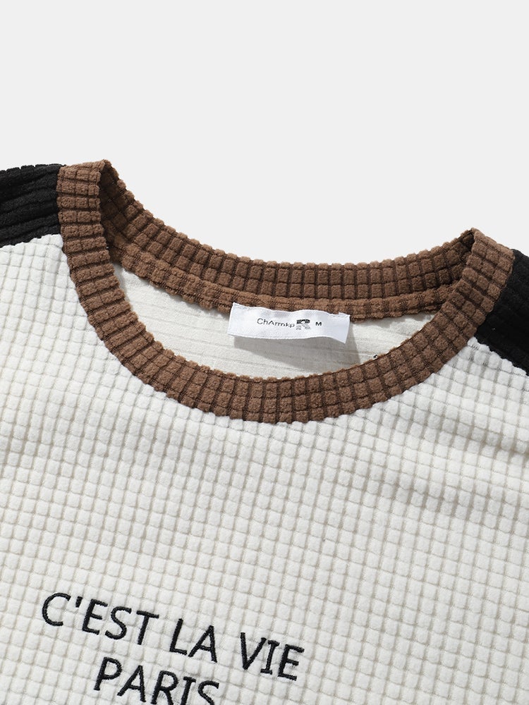 Mens Letter Embroidered Patchwork Plaid Polar Fleece Overhead Long Sleeve T-Shirt
