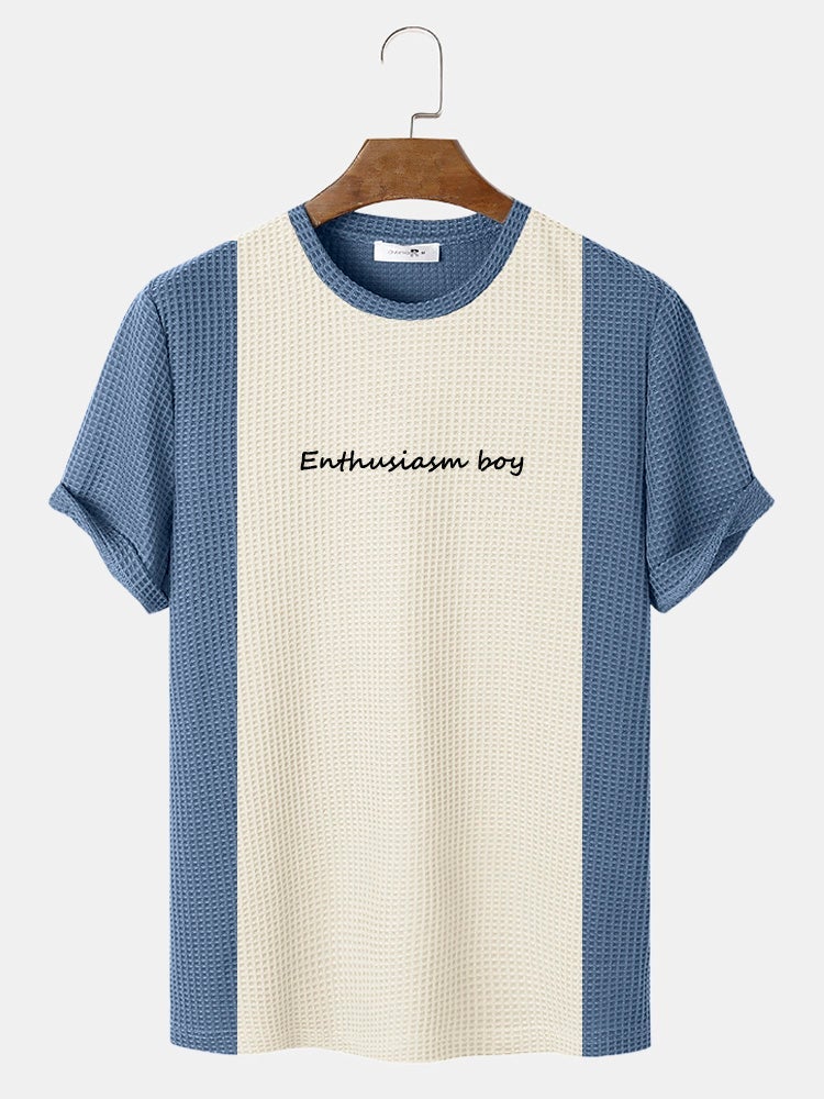 Mens Knitted Stitching Letter Embroidery Crew Neck Short Sleeve Crew Neck T-Shirt