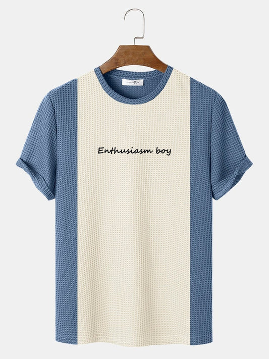 Mens Knitted Stitching Letter Embroidery Crew Neck Short Sleeve Crew Neck T-Shirt