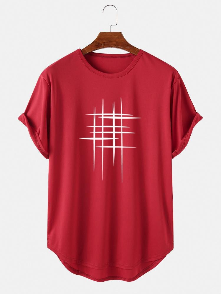 Mens Line Graphic High Low Curved Hem Sports Short Sleeve T-Shirts SKUH96070