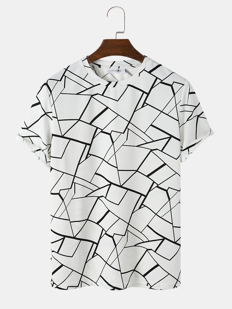 Mens All Over Geometric Lines Print White Crew Neck Short Sleeve T-Shirt