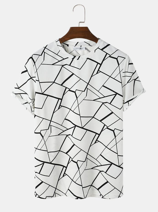 Mens All Over Geometric Lines Print White Crew Neck Short Sleeve T-Shirt