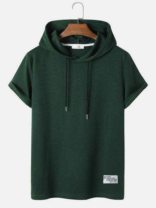 Mens Solid Color Casual Short Sleeve Drawstring Hooded T-Shirt