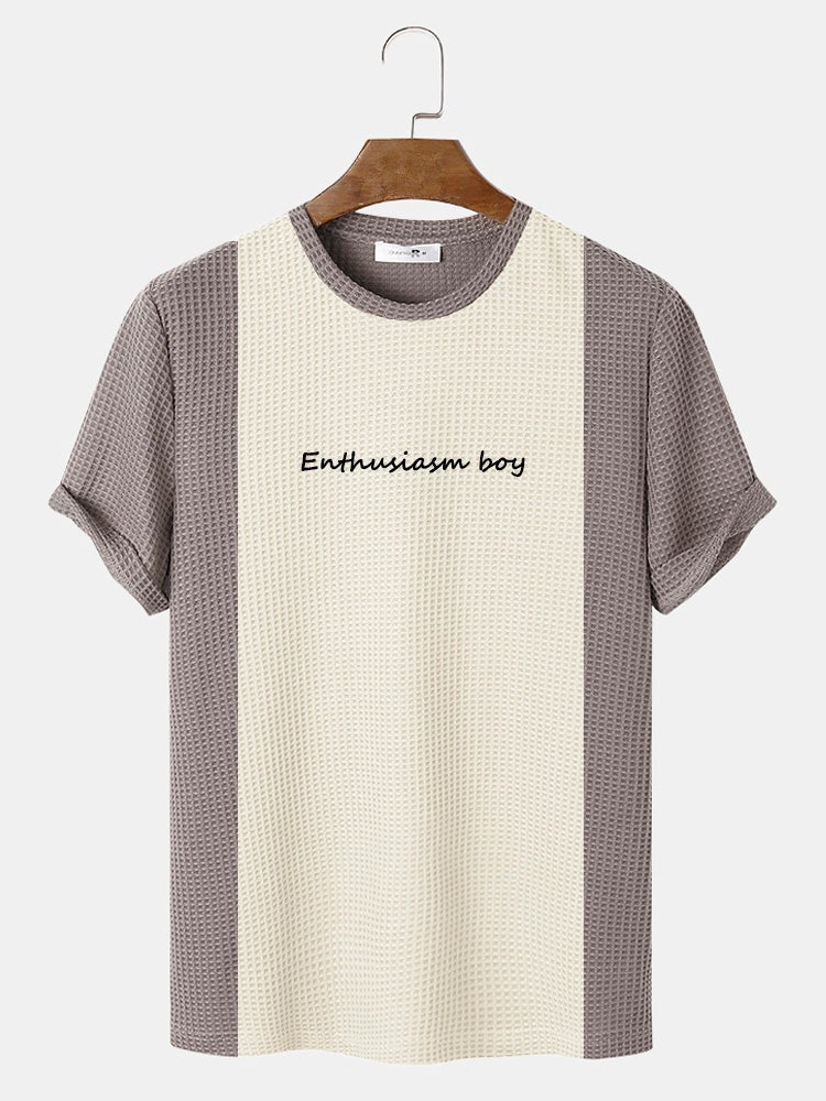 Mens Knitted Stitching Letter Embroidery Crew Neck Short Sleeve Crew Neck T-Shirt