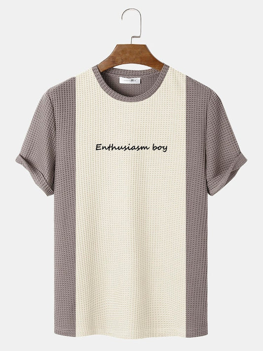 Mens Knitted Stitching Letter Embroidery Crew Neck Short Sleeve Crew Neck T-Shirt
