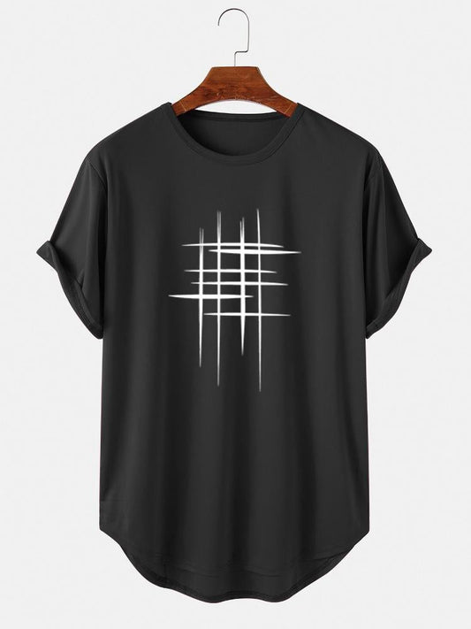 Mens Line Graphic High Low Curved Hem Sports Short Sleeve T-Shirts SKUH96070