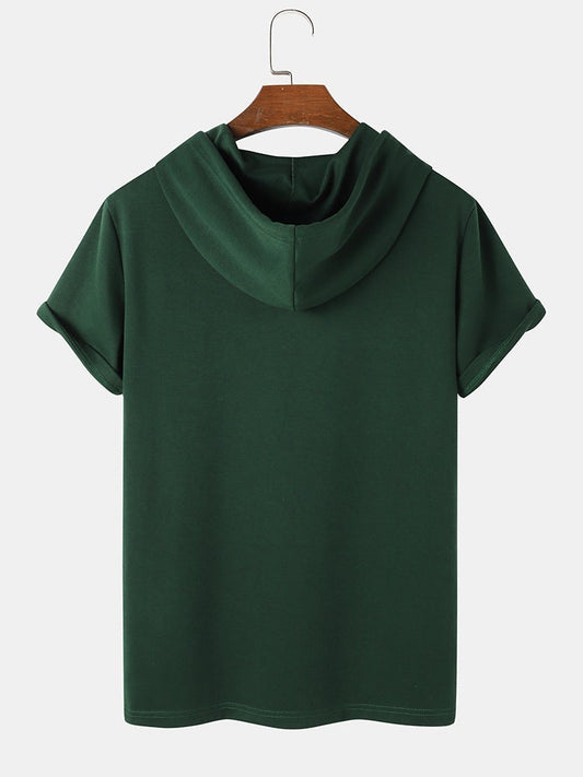Mens Solid Color Casual Short Sleeve Drawstring Hooded T-Shirt