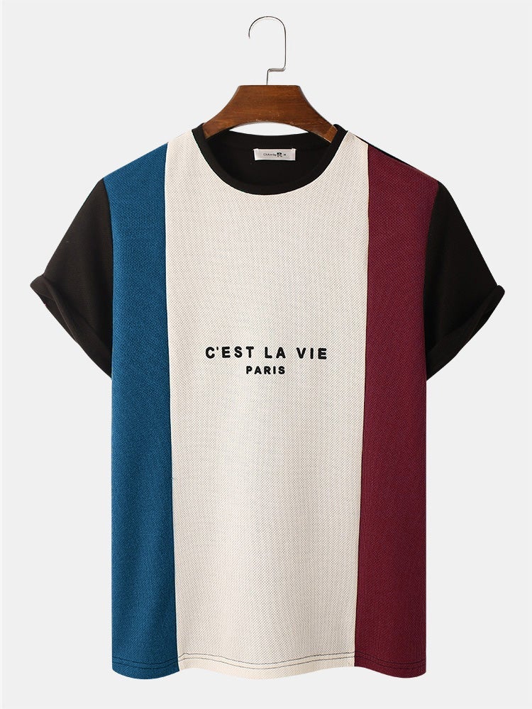 Mens Letter Pattern Knitted Patchwork Crew Neck Short Sleeve T-Shirt SKUH83541