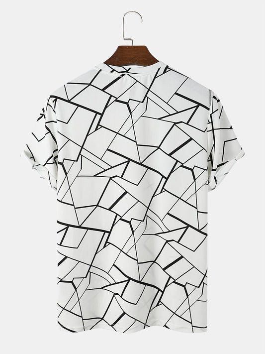 Mens All Over Geometric Lines Print White Crew Neck Short Sleeve T-Shirt