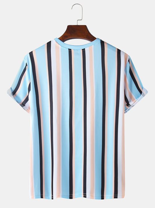 Mens Vertical Stripes Print Loose Casual Breathable Round Neck T-Shirts