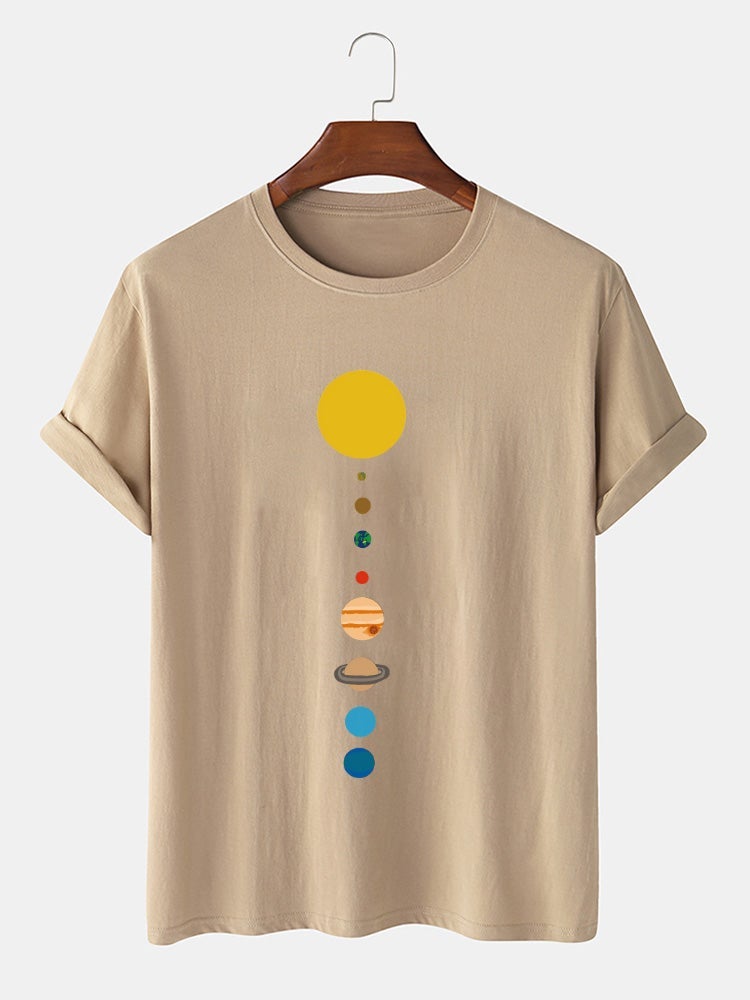 Mens 100% Cotton Cartoon Planet Print Solid Thin Loose O-Neck T-Shirt