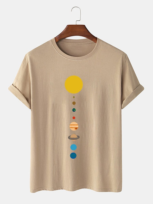 Mens 100% Cotton Cartoon Planet Print Solid Thin Loose O-Neck T-Shirt