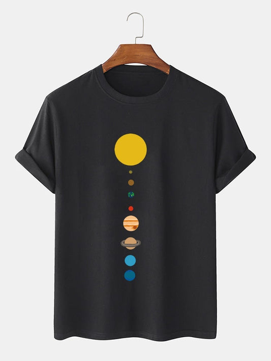 Mens 100% Cotton Cartoon Planet Print Solid Thin Loose O-Neck T-Shirt