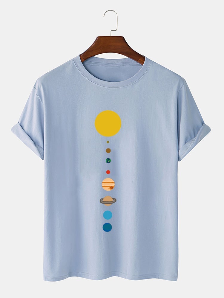 Mens 100% Cotton Cartoon Planet Print Solid Thin Loose O-Neck T-Shirt