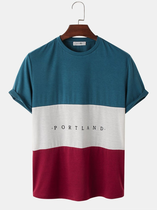 Mens Solid Color Patchwork Letter Print Crew Neck Short Sleeve Preppy T-Shirt SKUG91290