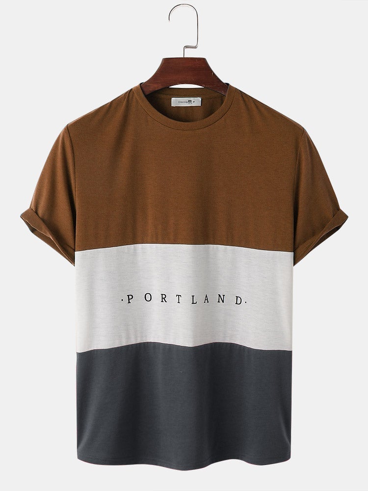 Mens Solid Color Patchwork Letter Print Crew Neck Short Sleeve Preppy T-Shirt SKUG91290